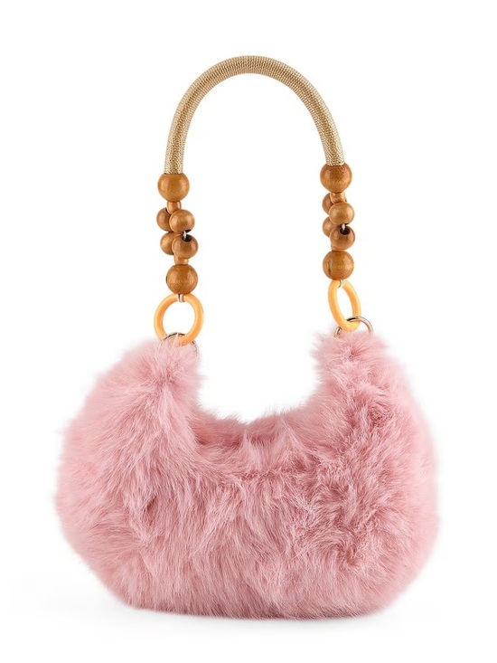 Handbags - Pink  Faux Fur Bag with Wooden Bead Handle  NWT